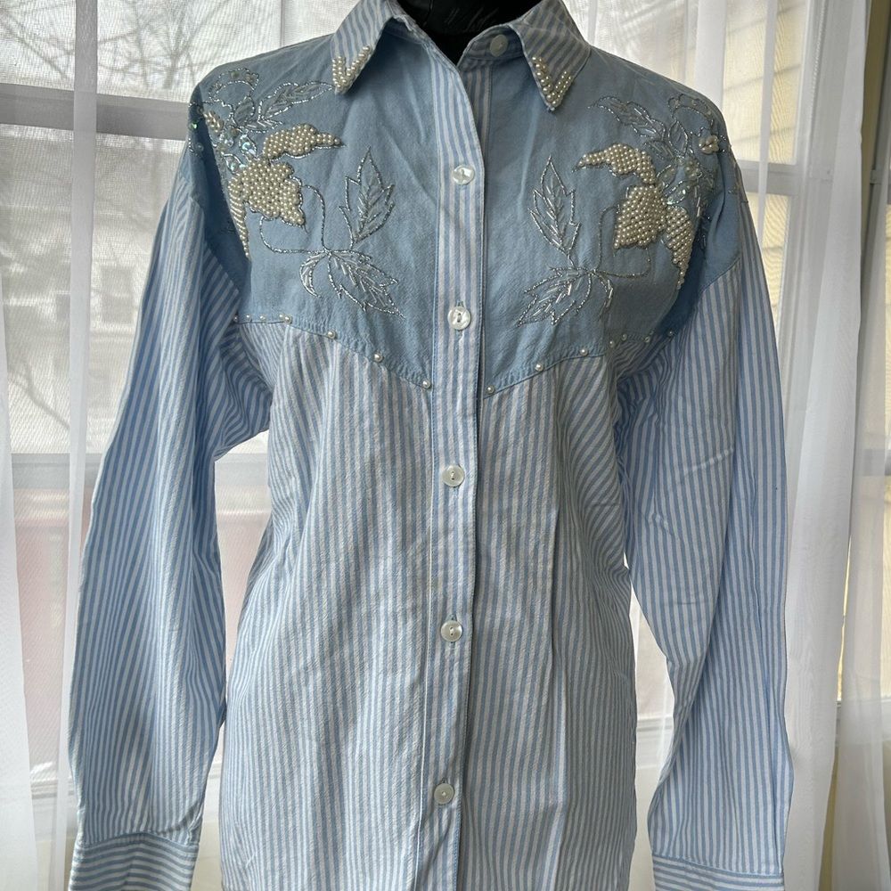 Vintage Jane Ashley Blue & White Striped Embroidered Shirt - pearl beading- 1X - Picture 5 of 12